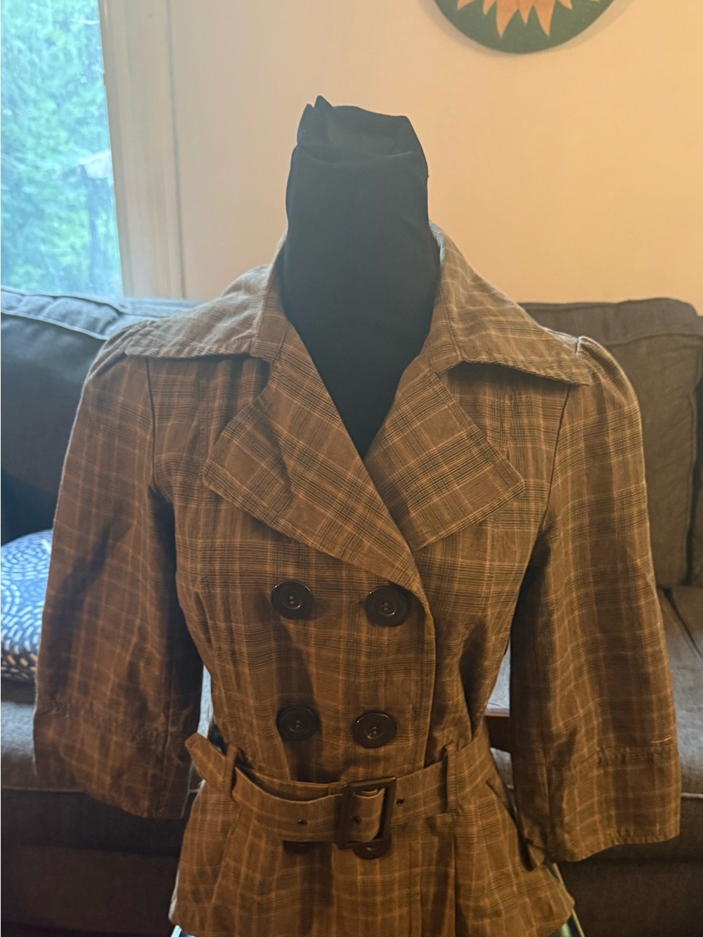 Classic Women's TRF Zara  Double-Breasted Plaid 3/4 sleeved Belted Jacket